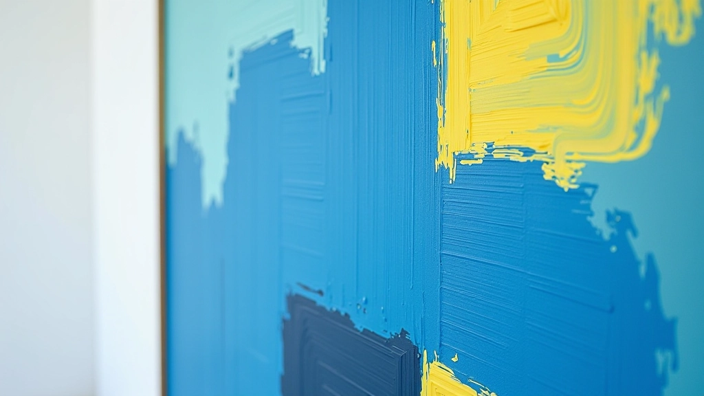 Abstract painting with vibrant blue and yellow composition, thick brushwork creating texture and depth