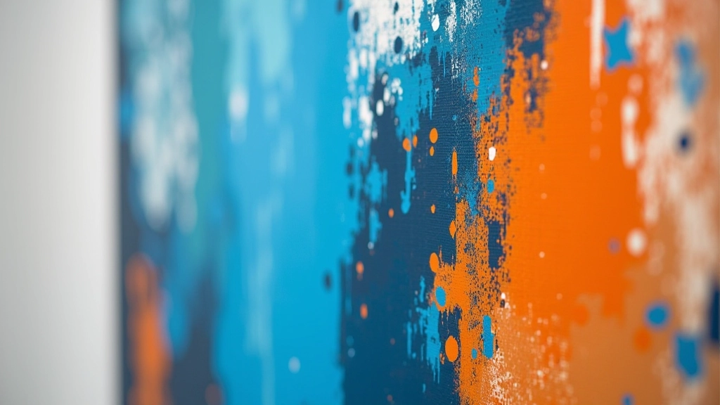 Close-up detail of abstract painting showing layered brushwork and color interactions