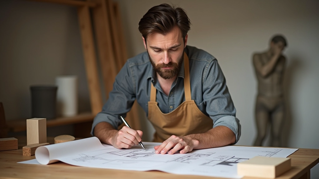 Artist working with architectural plans and scale models in a studio workspace