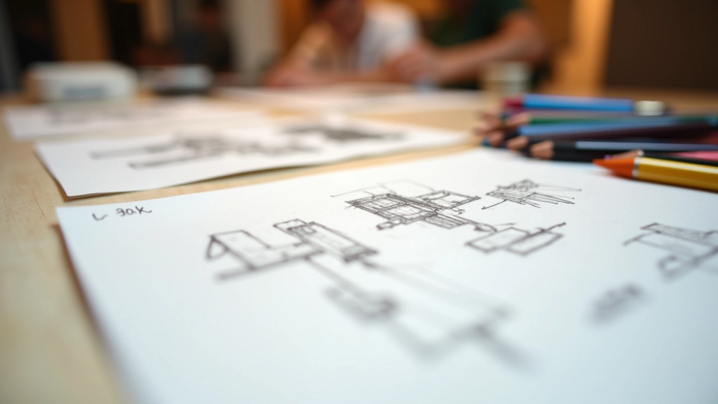 Sketches and design concepts spread across a light table with colored pencils and reference materials