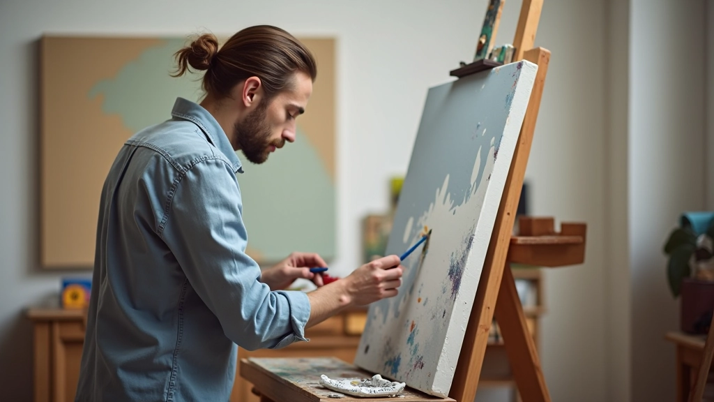 Artist working on large abstract canvas in studio, using brush and palette with multiple colors