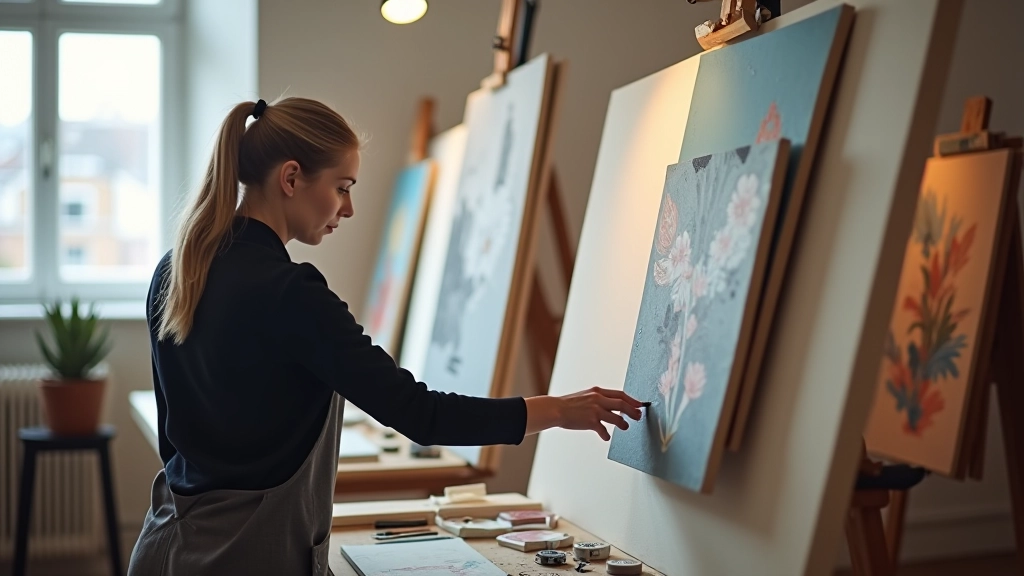 Artist in studio working on large-scale installation piece, focused concentration, surrounded by materials and work in progress, natural side lighting from studio windows