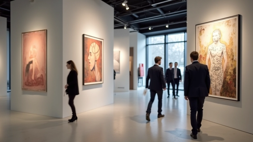 Corporate art collection installation in modern office building hallway