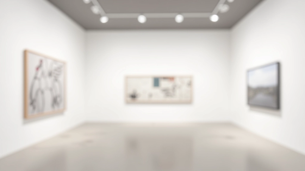 Contemporary gallery interior with white walls, spotlit artwork displays, and minimalist architecture creating professional exhibition environment
