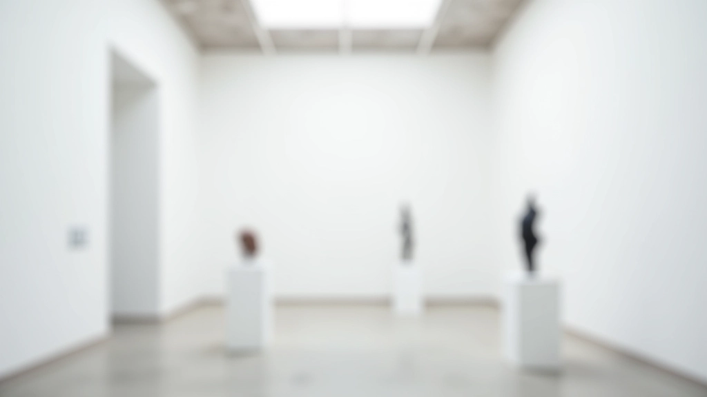 Modern art gallery interior with white walls, minimalist sculptures, and natural light from skylights