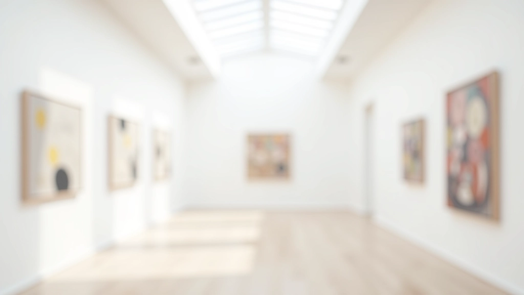 Gallery interior with abstract paintings hung on white walls, natural light from skylights
