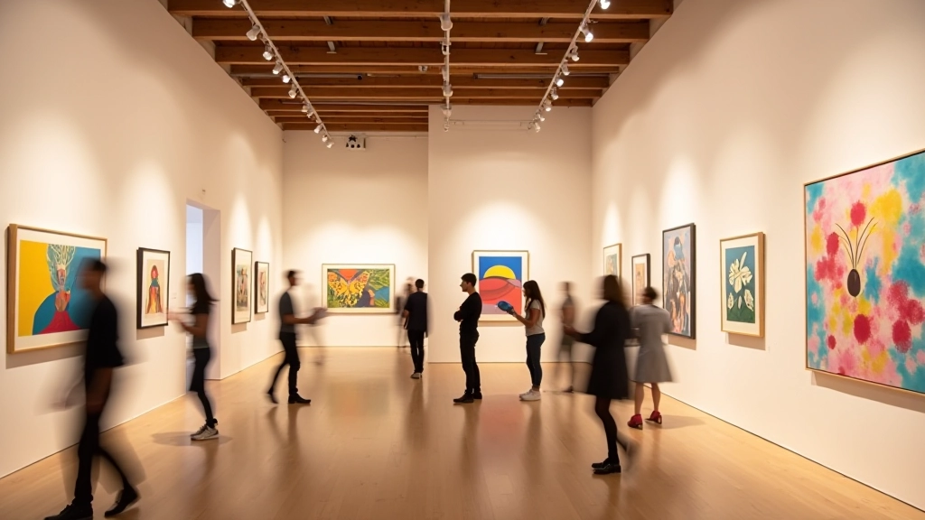 Gallery space with multiple abstract paintings and interactive art installations