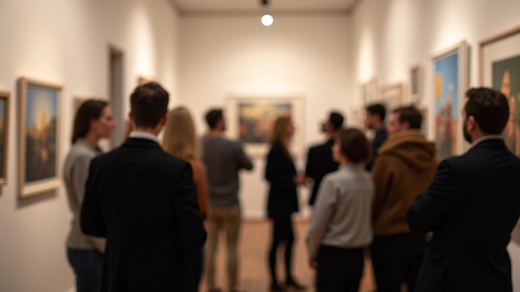 Gallery artist talk with visitors examining artwork closely