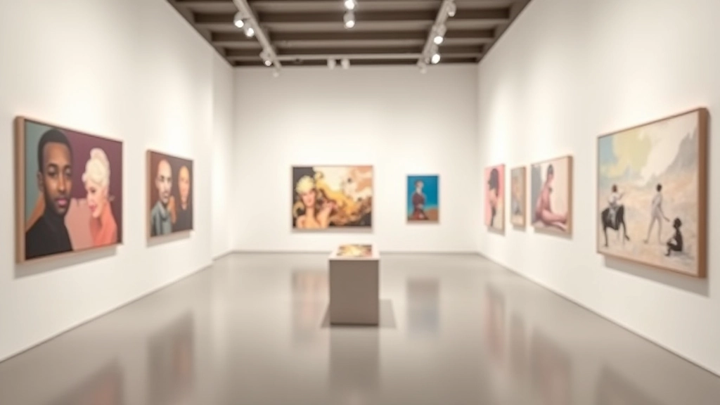 Contemporary gallery installation with multiple abstract artworks arranged on walls, sculptural piece in foreground