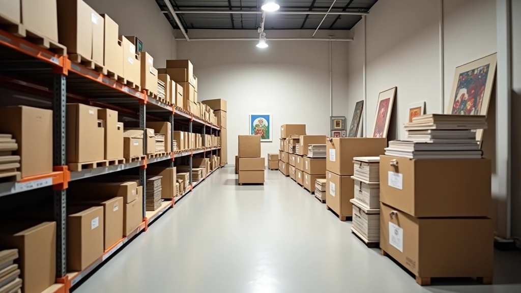 Gallery storage room with climate-controlled artwork storage and careful archival organization