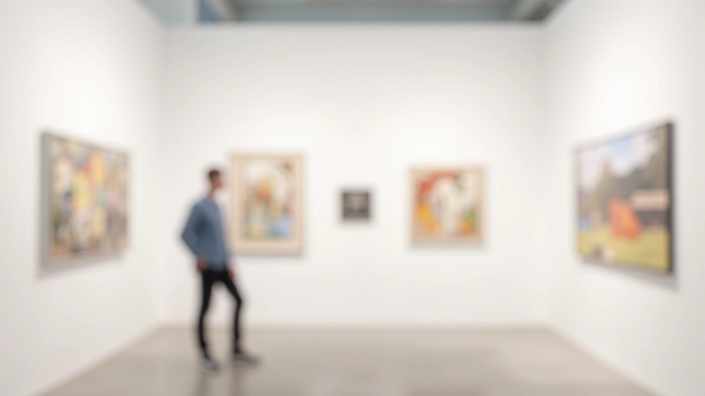 Gallery wall with carefully arranged contemporary artworks, professional lighting design, neutral background emphasizing artwork presentation, clean installation aesthetic