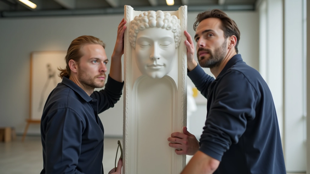 Active installation work showing artists and technicians collaborating to position a large sculptural element