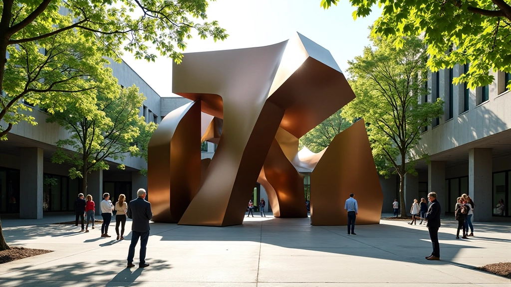 Large steel sculpture installation in outdoor courtyard space