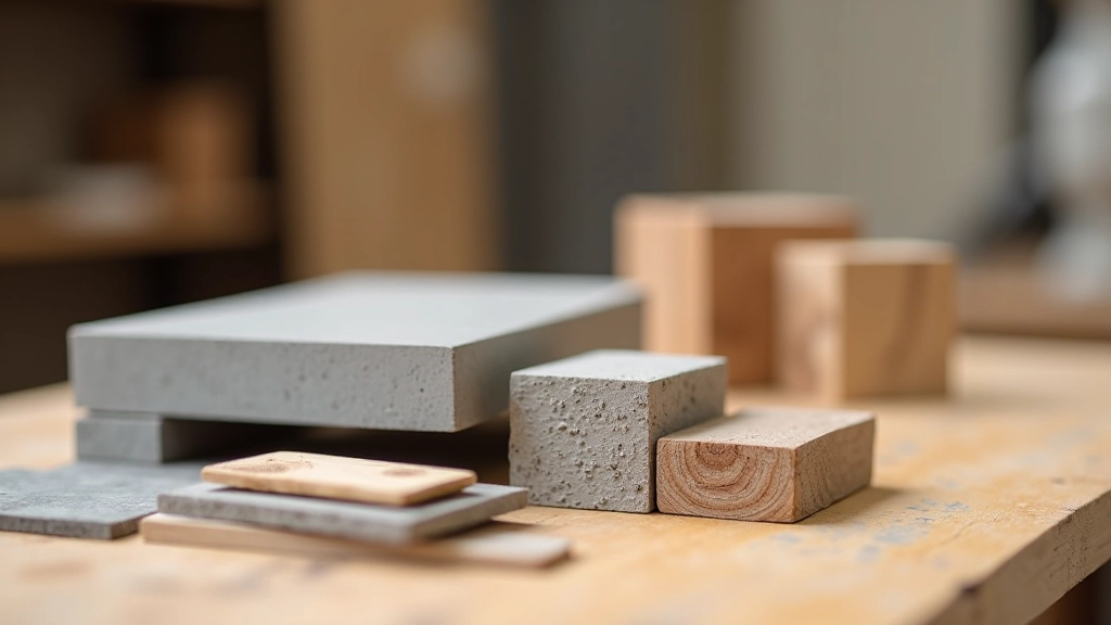 Workshop display of various materials including steel, concrete, wood, and resin samples