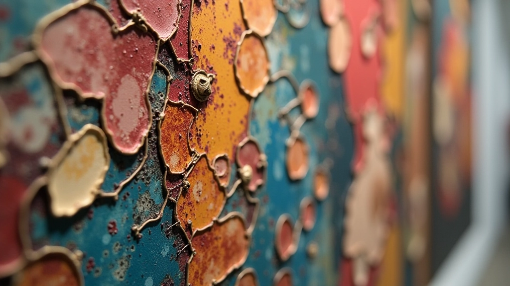 Close-up detail of mixed media artwork showing texture, layering, and technical craftsmanship demonstrating professional artistic execution and intentional composition