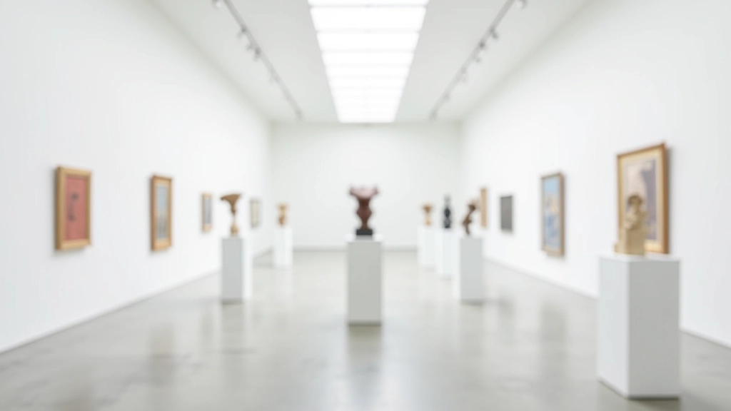 Contemporary art gallery interior with white walls, modern sculptures, and natural lighting
