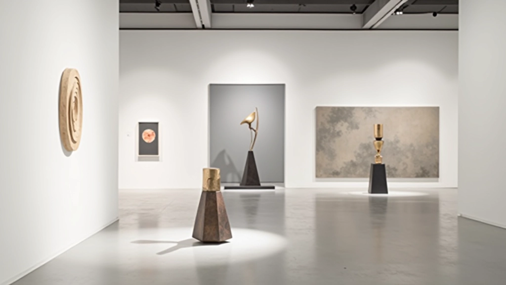 Sculpture installation in gallery space with dramatic lighting and geometric forms