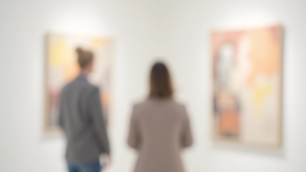 Gallery visitor standing before large abstract installation, contemplating the composition from a distance