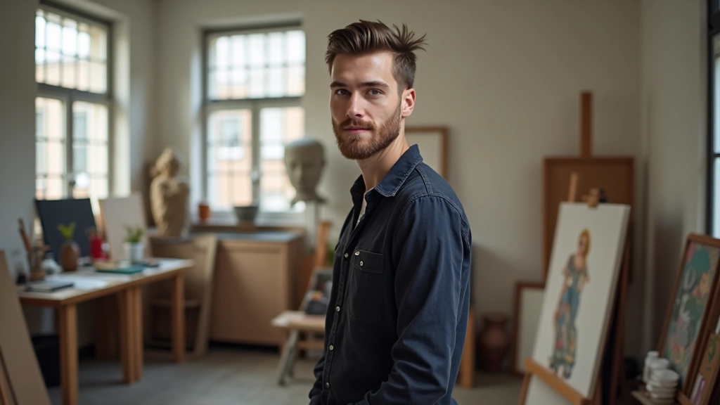 Portrait of emerging artist in studio setting surrounded by artwork and creative materials
